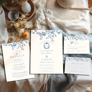 Elegant French Vintage Blue Floral Wedding Invitation