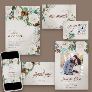 Winter White Rose and Pine Cone Wedding Invitation