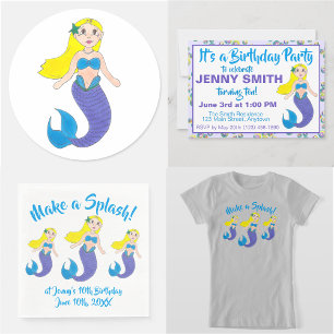 Blue Purple Ocean Mermaid Bubbles Birthday Party Invitation