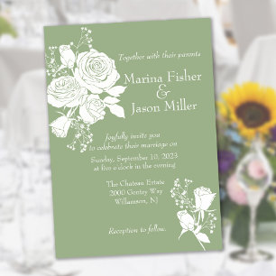 White Roses on Hunter Green Wedding Invitation
