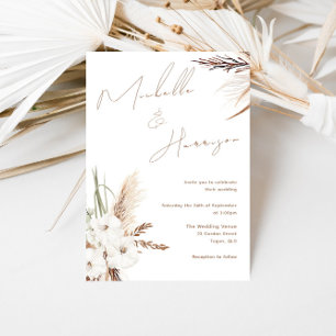 Boho White Floral Script Black Wedding Rose Gold Foil Invitation
