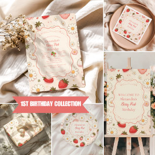 Pink Strawberry Berry First 1st Birthday Invitation