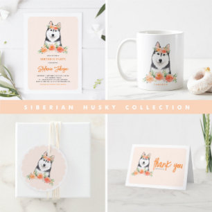 Cute Siberian Husky and Peach Flowers Birthday Napkins