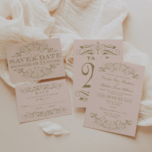 Vintage Blush and Antique Gold Flourish Wedding RSVP Card