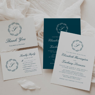 Teal Blue Monogram Wreath White Script Wedding Invitation