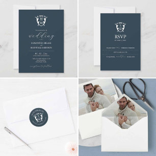 Monogram Crest Customizable Blue Wedding Invitation
