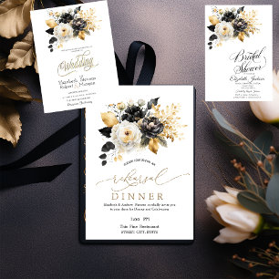 Gold Black White Flowers Rehearsal Dinner   Invitation