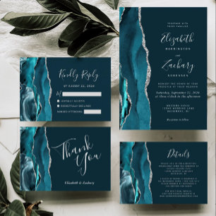 Dark Teal Silver Agate Wedding RSVP Card