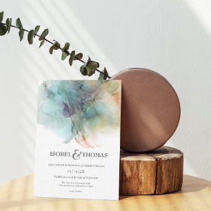 Watercolor Abstract Peach & Green Wedding Invitation