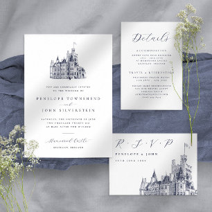 Elegant Castle Illustration White Navy Wedding  Envelope