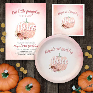 Rose Gold Glitter Pumpkin Fall Girls 3rd Birthday  Napkins
