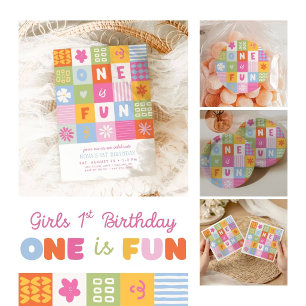 One Is Fun Bold Colorful Girls 1st Birthday Invitation