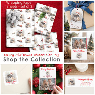 Watercolor Pug in Santa Hat Christmas Wrapping Paper Sheets