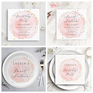 Blush Pink and Gold Watercolor Birthday Party Invitation