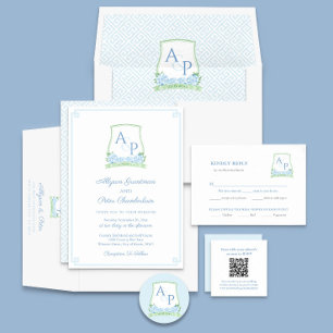 Timeless Blue Green Botanical Crest Wedding Invitation