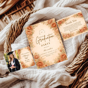 Vintage Peach Rose Graduation Party Invitation