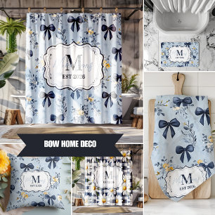 Custom Elegant Blue Bow Floral Monogram Shower Curtain