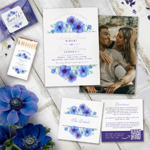 Blue white anemone floral watercolor wedding foil foil invitation
