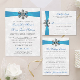 Diamante Snowflake & Blue Ribbon Winter Wedding Foil Invitation