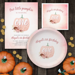 Girls 1st Birthday Party Rose Gold Glitter Pumpkin Paper Plates