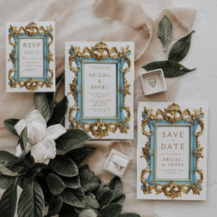Vintage Rococo Blue Gold Frame Wedding Invitation