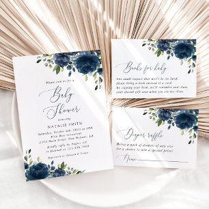 Navy Blue Flowers, Greenery, Boho, Baby Shower Invitation