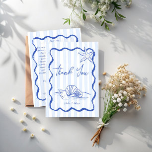 Seashells blue wavy border beach wedding program hand fan
