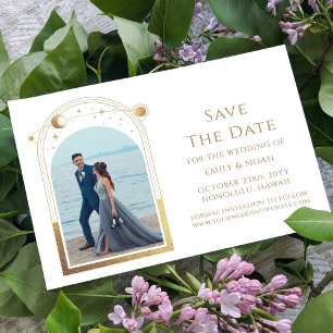Mystical White Gold Celestial Sun Moon Stars Foil Invitation