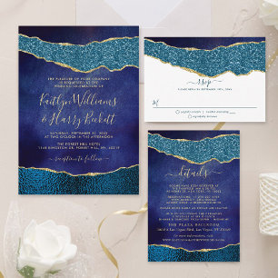 Elegant Navy Blue & Gold Agate Wedding Real Foil Invitation