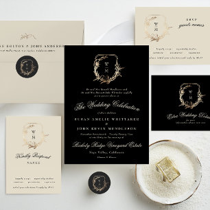 Formal Cream & Black Monogram Gold Botanical Motif RSVP Card