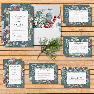 Winter Christmas Greenery Teal Wedding Invitation