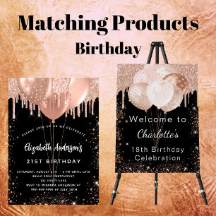 Birthday black rose gold glitter balloons luxury invitation