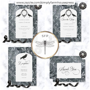 Vintage Dark Gothic Gray & Black Damask & Ravens Save The Date
