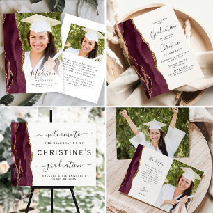 Photo Burgundy Agate Gold Script Graduation Thank You Card