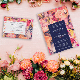 Modern Navy Coral Watercolor Floral Wedding Invitation