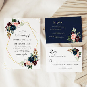 Elegant burgundy & Navy blue floral wedding Invitation