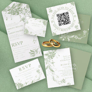 Branch with sage green and white flowers wedding envelope