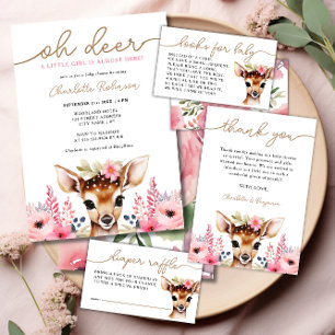 Woodland Deer Pink Gold Floral Girl Baby Shower Invitation