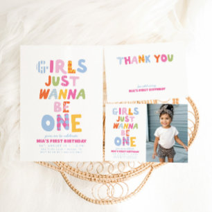 Retro Girls Just Wanna Be One Photo 1st Birthday Invitation