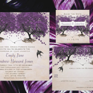 Orchid Love Bird Damask Wedding Invite