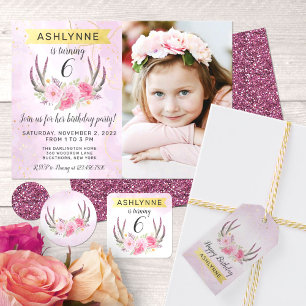 Floral Antlers & Blush Pink Gold Marble Birthday Invitation