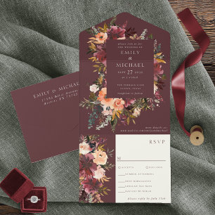 Marsala Burgundy Peach Watercolor Floral All In One Invitation