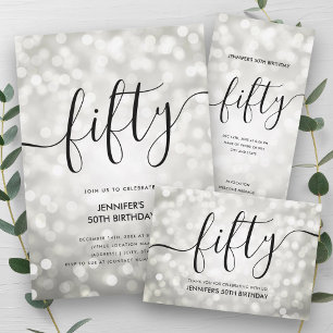 Modern Silver Glitter Lights 50th Birthday  Square Paper Coaster