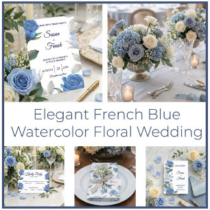 Elegant French Blue Rose Watercolor Wedding Menu