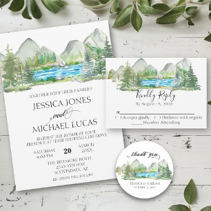 Watercolor Mountain Forest River Wedding RSVP