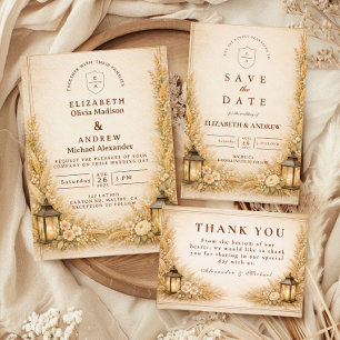 Vintage Wildflower Lantern Garden Wedding Invitation