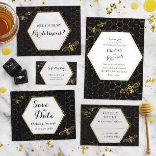 Oh Honey Bee Black Gold Custom Wedding Invitation