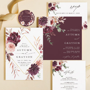 Autumn Romance Burgundy Watercolor Wedding Square Invitation