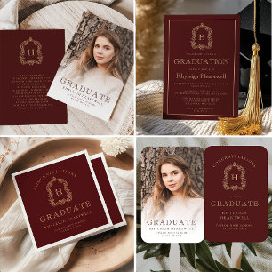 Monogram Burgundy Gold Photo Graduation Hand Fan