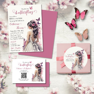 Pink Butterflies Floral Wedding Gown Bridal Shower Invitation